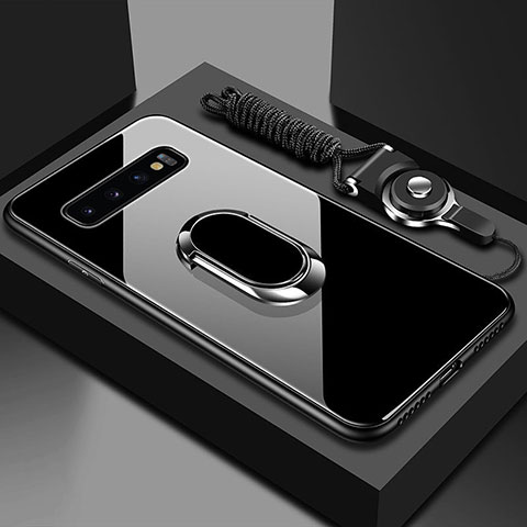 Coque Rebord Contour Silicone et Vitre Miroir Housse Etui avec Support Bague Anneau Magnetique T02 pour Samsung Galaxy S10 Plus Noir