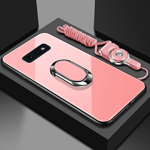 Coque Rebord Contour Silicone et Vitre Miroir Housse Etui avec Support Bague Anneau Magnetique T02 pour Samsung Galaxy S10e Or Rose