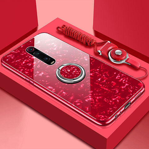 Coque Rebord Contour Silicone et Vitre Miroir Housse Etui avec Support Bague Anneau Magnetique T02 pour Xiaomi Mi 9T Rouge