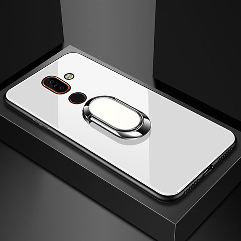 Coque Rebord Contour Silicone et Vitre Miroir Housse Etui avec Support Bague Anneau pour Nokia 7 Plus Blanc