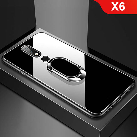 Coque Rebord Contour Silicone et Vitre Miroir Housse Etui avec Support Bague Anneau pour Nokia X6 Noir