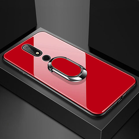 Coque Rebord Contour Silicone et Vitre Miroir Housse Etui avec Support Bague Anneau pour Nokia X6 Rouge