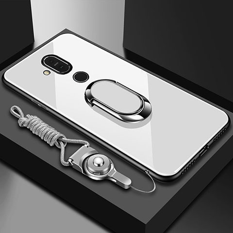 Coque Rebord Contour Silicone et Vitre Miroir Housse Etui avec Support Bague Anneau pour Nokia X7 Blanc
