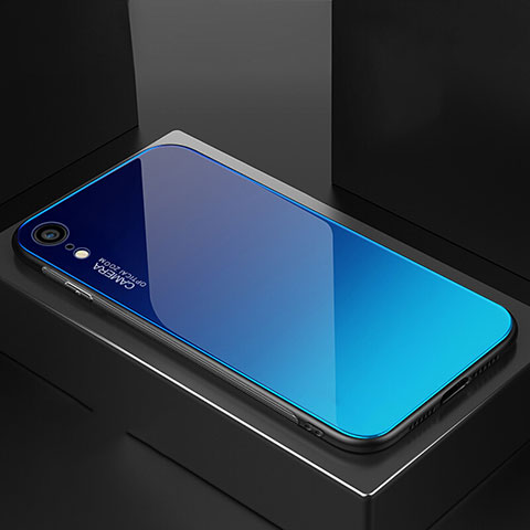 Coque Rebord Contour Silicone et Vitre Miroir Housse Etui Degrade Arc en Ciel A01 pour Apple iPhone XR Bleu Ciel
