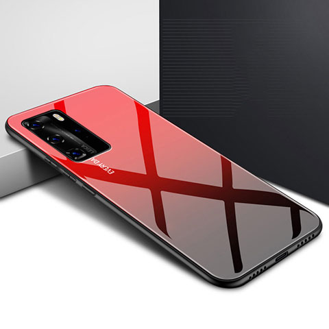 Coque Rebord Contour Silicone et Vitre Miroir Housse Etui Degrade Arc en Ciel H01 pour Huawei P40 Pro Rouge
