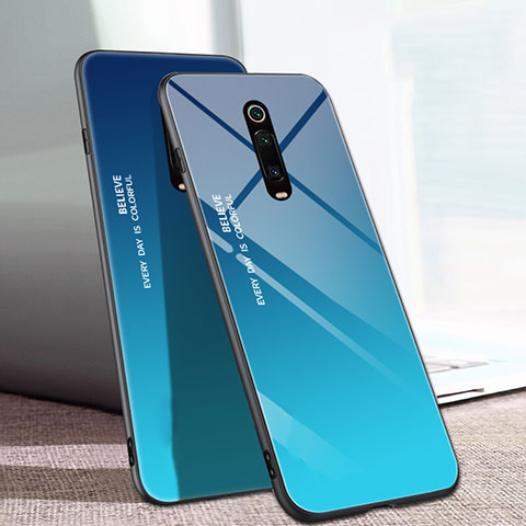 Coque Rebord Contour Silicone et Vitre Miroir Housse Etui Degrade Arc en Ciel H01 pour Xiaomi Mi 9T Bleu