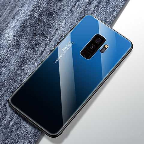 Coque Rebord Contour Silicone et Vitre Miroir Housse Etui Degrade Arc en Ciel M01 pour Samsung Galaxy S9 Plus Bleu