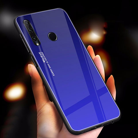 Coque Rebord Contour Silicone et Vitre Miroir Housse Etui Degrade Arc en Ciel pour Huawei Enjoy 9s Bleu