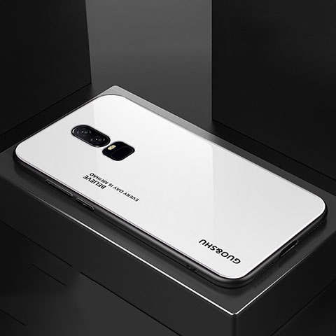 Coque Rebord Contour Silicone et Vitre Miroir Housse Etui Degrade Arc en Ciel pour OnePlus 6 Blanc