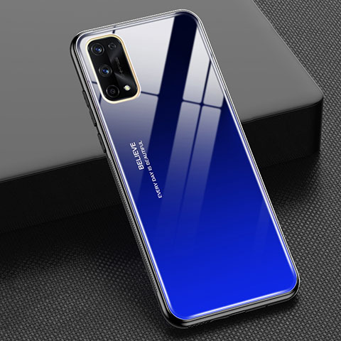 Coque Rebord Contour Silicone et Vitre Miroir Housse Etui Degrade Arc en Ciel pour Realme X7 5G Bleu