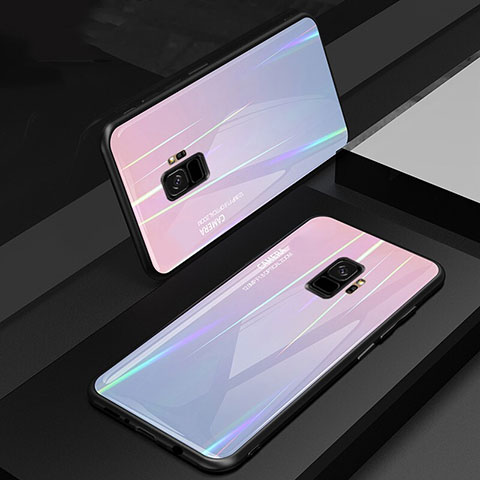 Coque Rebord Contour Silicone et Vitre Miroir Housse Etui Degrade Arc en Ciel pour Samsung Galaxy S9 Rose