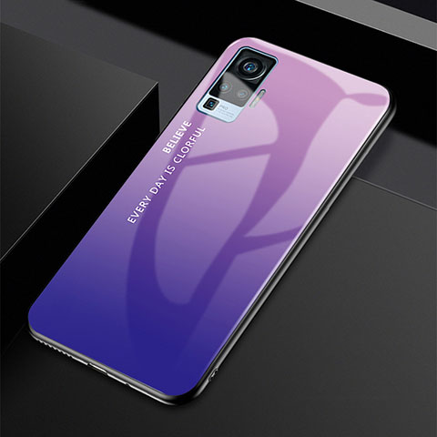 Coque Rebord Contour Silicone et Vitre Miroir Housse Etui Degrade Arc en Ciel pour Vivo X50 Pro 5G Violet