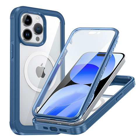 Coque Rebord Contour Silicone et Vitre Transparente Housse Etui 360 Degres avec Mag-Safe Magnetic Magnetique AC1 pour Apple iPhone 15 Pro Bleu