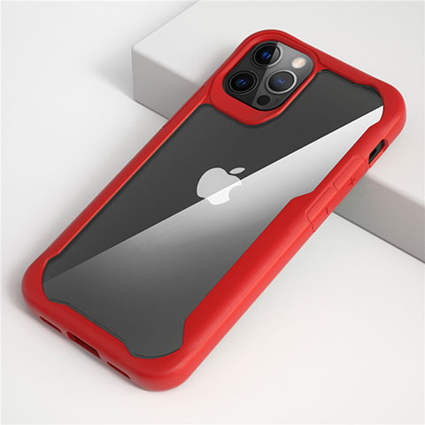 Coque Rebord Contour Silicone et Vitre Transparente Miroir Housse Etui M01 pour Apple iPhone 12 Pro Rouge