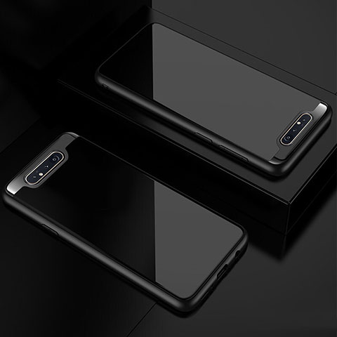 Coque Rebord Contour Silicone et Vitre Transparente Miroir Housse Etui pour Samsung Galaxy A80 Noir