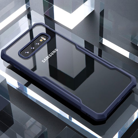 Coque Rebord Contour Silicone et Vitre Transparente Miroir Housse Etui pour Samsung Galaxy S10 Plus Bleu