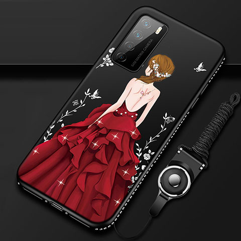 Coque Silicone Dos de Fille Souple Couleur Unie Etui Housse pour Huawei Honor Play4 5G Rouge et Noir