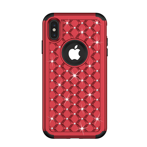 Coque Silicone et Plastique Housse Etui Protection Integrale 360 Degres Bling-Bling pour Apple iPhone X Rouge