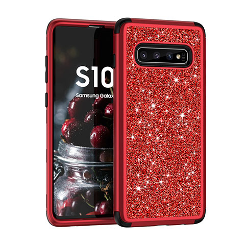 Coque Silicone et Plastique Housse Etui Protection Integrale 360 Degres Bling-Bling pour Samsung Galaxy S10 Plus Rouge