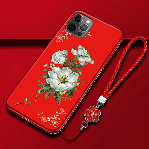 Coque Silicone Fleurs Souple Couleur Unie Etui Housse pour Apple iPhone 12 Pro Max Rouge