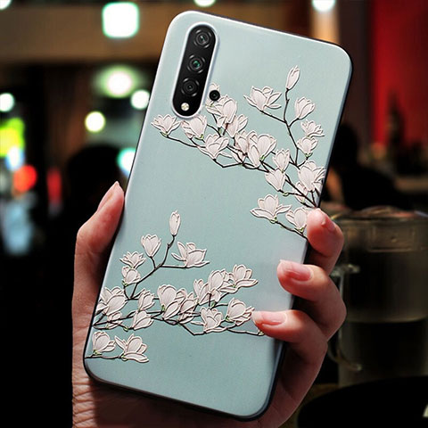 Coque Silicone Fleurs Souple Couleur Unie pour Huawei Nova 5T Cyan