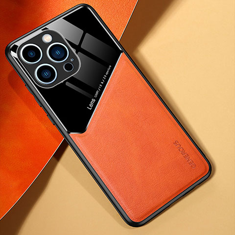 Coque Silicone Gel Motif Cuir Housse Etui avec Magnetique pour Apple iPhone 14 Pro Max Orange