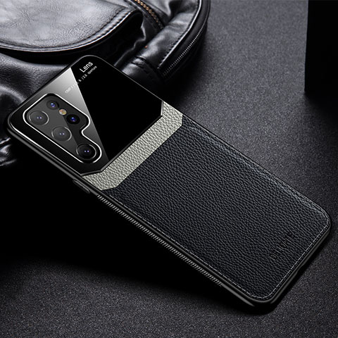 Coque Silicone Gel Motif Cuir Housse Etui avec Magnetique pour Samsung Galaxy S21 Ultra 5G Noir