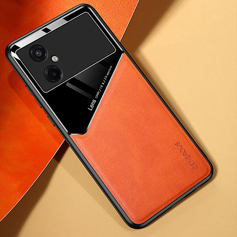 Coque Silicone Gel Motif Cuir Housse Etui avec Magnetique pour Xiaomi Poco M4 5G Orange