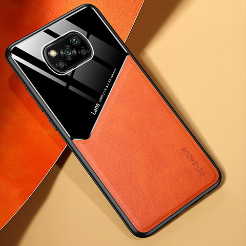 Coque Silicone Gel Motif Cuir Housse Etui avec Magnetique pour Xiaomi Poco X3 NFC Orange