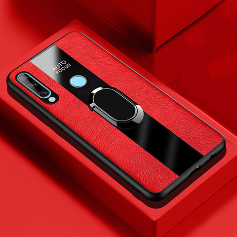 Coque Silicone Gel Motif Cuir Housse Etui avec Support Bague Anneau Aimante Magnetique pour Huawei Enjoy 10 Plus Rouge
