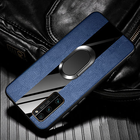 Coque Silicone Gel Motif Cuir Housse Etui avec Support Bague Anneau Aimante Magnetique pour Huawei Honor 30 Pro+ Plus Bleu