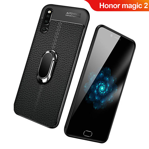 Coque Silicone Gel Motif Cuir Housse Etui avec Support Bague Anneau Aimante Magnetique pour Huawei Honor Magic 2 Noir