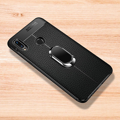 Coque Silicone Gel Motif Cuir Housse Etui avec Support Bague Anneau Aimante Magnetique pour Xiaomi Redmi Note 7 Noir