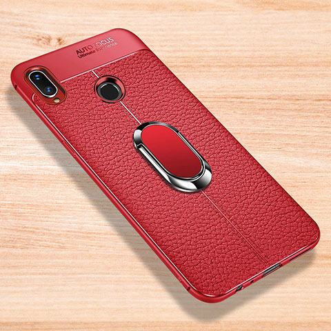 Coque Silicone Gel Motif Cuir Housse Etui avec Support Bague Anneau Aimante Magnetique pour Xiaomi Redmi Note 7 Rouge