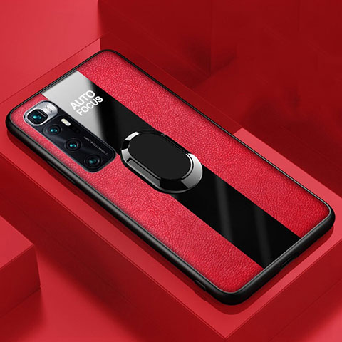 Coque Silicone Gel Motif Cuir Housse Etui avec Support Bague Anneau Aimante Magnetique S02 pour Xiaomi Mi 10 Ultra Rouge