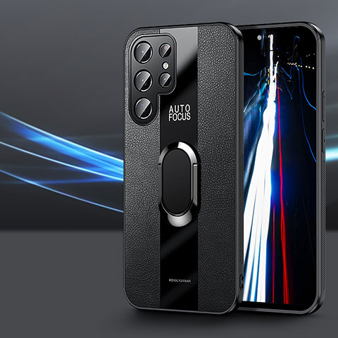 Coque Silicone Gel Motif Cuir Housse Etui avec Support Bague Anneau Aimante Magnetique S03 pour Samsung Galaxy S23 Ultra 5G Noir