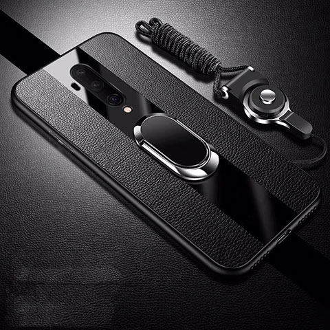 Coque Silicone Gel Motif Cuir Housse Etui avec Support Bague Anneau Aimante Magnetique T01 pour OnePlus 7T Pro Noir