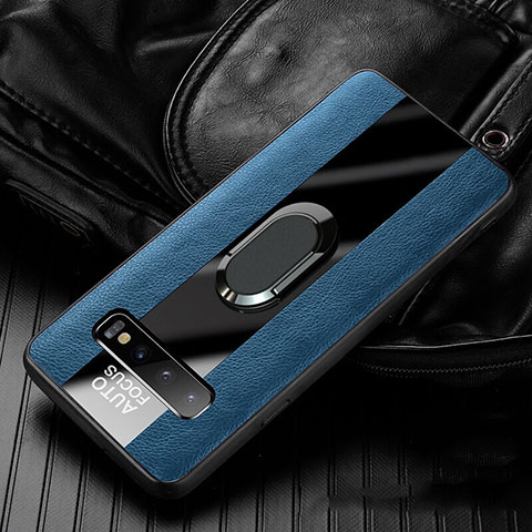Coque Silicone Gel Motif Cuir Housse Etui avec Support Bague Anneau Aimante Magnetique T01 pour Samsung Galaxy S10 5G Bleu