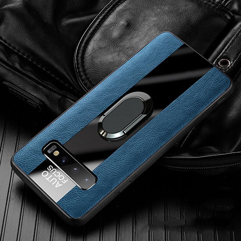 Coque Silicone Gel Motif Cuir Housse Etui avec Support Bague Anneau Aimante Magnetique T01 pour Samsung Galaxy S10 Bleu