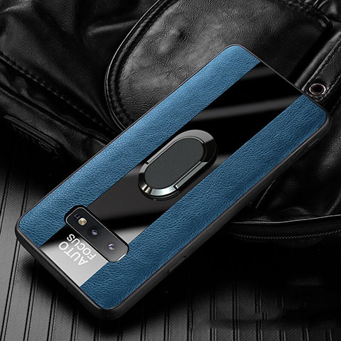 Coque Silicone Gel Motif Cuir Housse Etui avec Support Bague Anneau Aimante Magnetique T01 pour Samsung Galaxy S10e Bleu