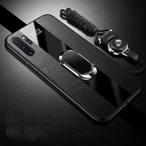 Coque Silicone Gel Motif Cuir Housse Etui avec Support Bague Anneau Aimante Magnetique T02 pour Samsung Galaxy Note 10 Plus 5G Noir
