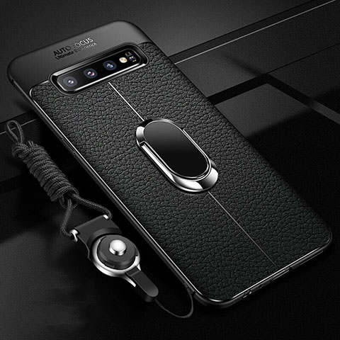 Coque Silicone Gel Motif Cuir Housse Etui avec Support Bague Anneau Aimante Magnetique T02 pour Samsung Galaxy S10 5G Noir