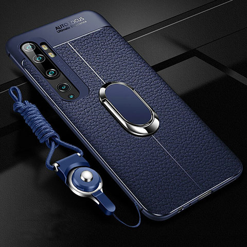 Coque Silicone Gel Motif Cuir Housse Etui avec Support Bague Anneau Aimante Magnetique T02 pour Xiaomi Mi Note 10 Bleu