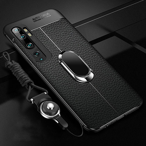 Coque Silicone Gel Motif Cuir Housse Etui avec Support Bague Anneau Aimante Magnetique T02 pour Xiaomi Mi Note 10 Pro Noir