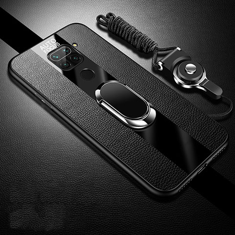 Coque Silicone Gel Motif Cuir Housse Etui avec Support Bague Anneau Aimante Magnetique T02 pour Xiaomi Redmi 10X 4G Noir