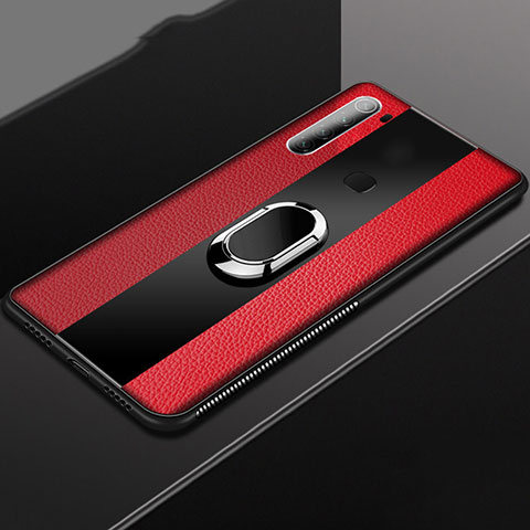 Coque Silicone Gel Motif Cuir Housse Etui avec Support Bague Anneau Aimante Magnetique T03 pour Xiaomi Redmi Note 8 Rouge