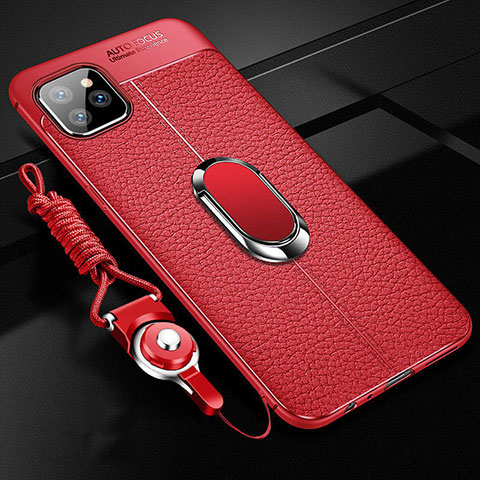 Coque Silicone Gel Motif Cuir Housse Etui avec Support Bague Anneau Aimante Magnetique T04 pour Apple iPhone 11 Pro Rouge