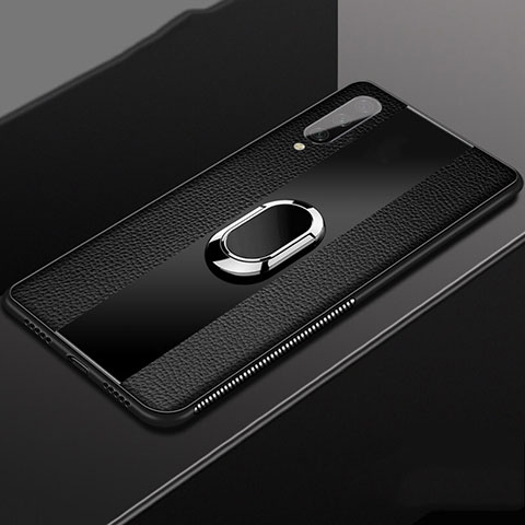 Coque Silicone Gel Motif Cuir Housse Etui avec Support Bague Anneau Aimante Magnetique T04 pour Xiaomi Mi A3 Noir