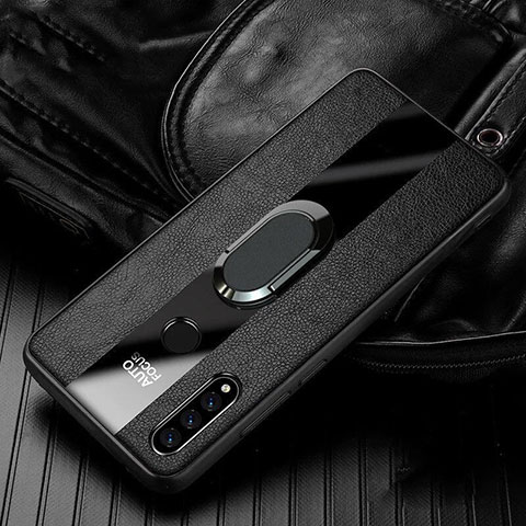Coque Silicone Gel Motif Cuir Housse Etui avec Support Bague Anneau Aimante Magnetique T05 pour Huawei P30 Lite New Edition Noir