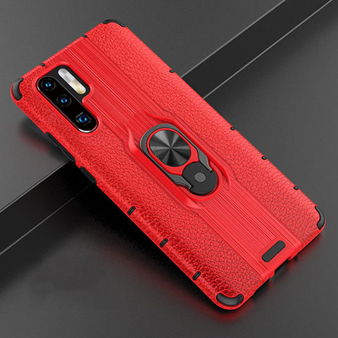 Coque Silicone Gel Motif Cuir Housse Etui avec Support Bague Anneau Aimante Magnetique T06 pour Huawei P30 Pro Rouge